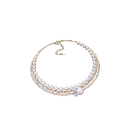 Multi layered diamond encrusted zircon artificial pearl round necklace