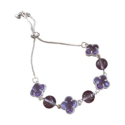 Purple crystal glass bead flower pull string bracelet